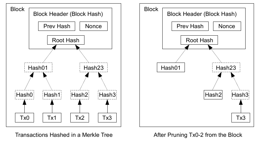 Transactions hashed in a Merkle Tree, and after pruning Tx0-2 from the block